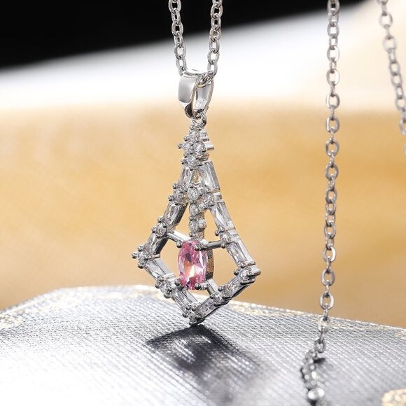 "Unique Design Dainty Pink Oval Hollow Pendant Necklace for Women, INDN8635 - Picture 3 of 3